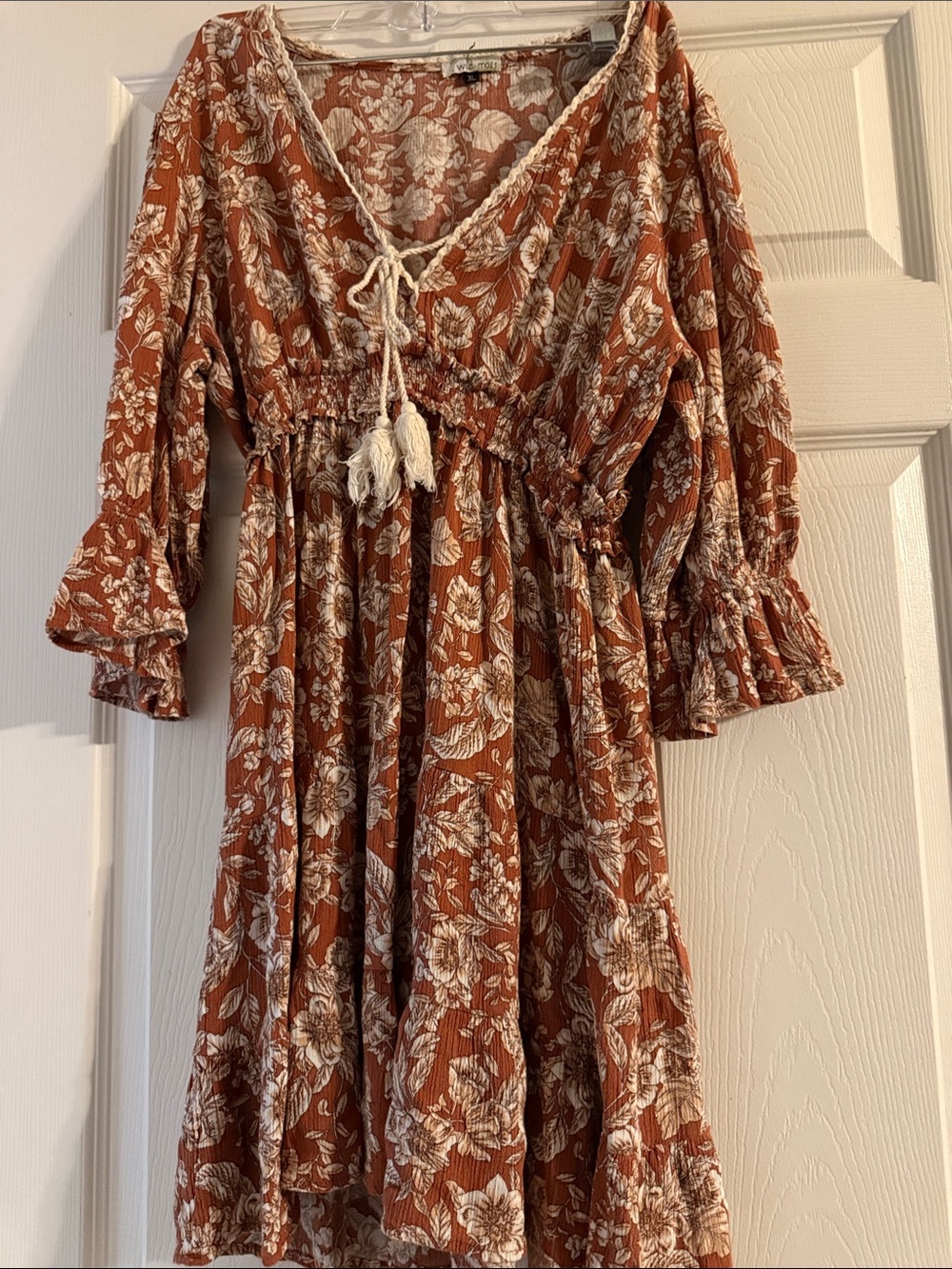 Boho Floral Midi Dress in Rust and Cream